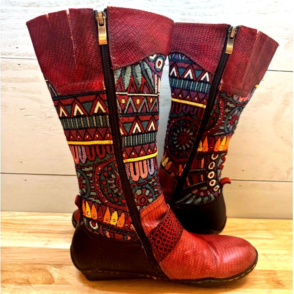 Socofy Calf High Women's Boots Boho Embroidered Tapestry Upper Red Leather SZ 39 - Picture 5 of 11